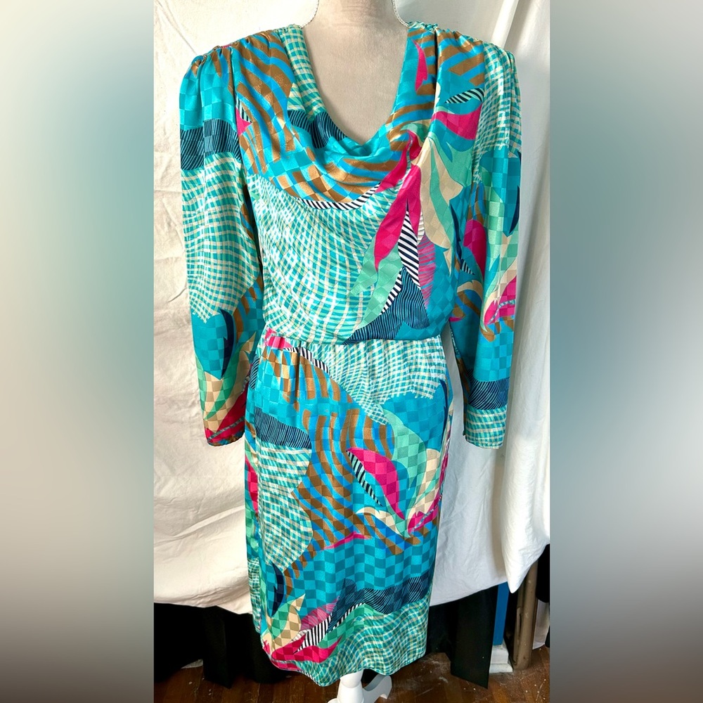 Vintage 80s Pure Argenti Turquoise, Blue Multicolored Abstract Dress, Size 12